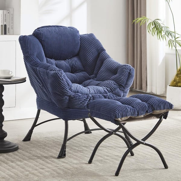 HOMEFUN Modern Comfy Navy Blue Corduroy Lazy Accent Arm Chair with Ottoman Ergonomic Folding Footrest for Small Spaces