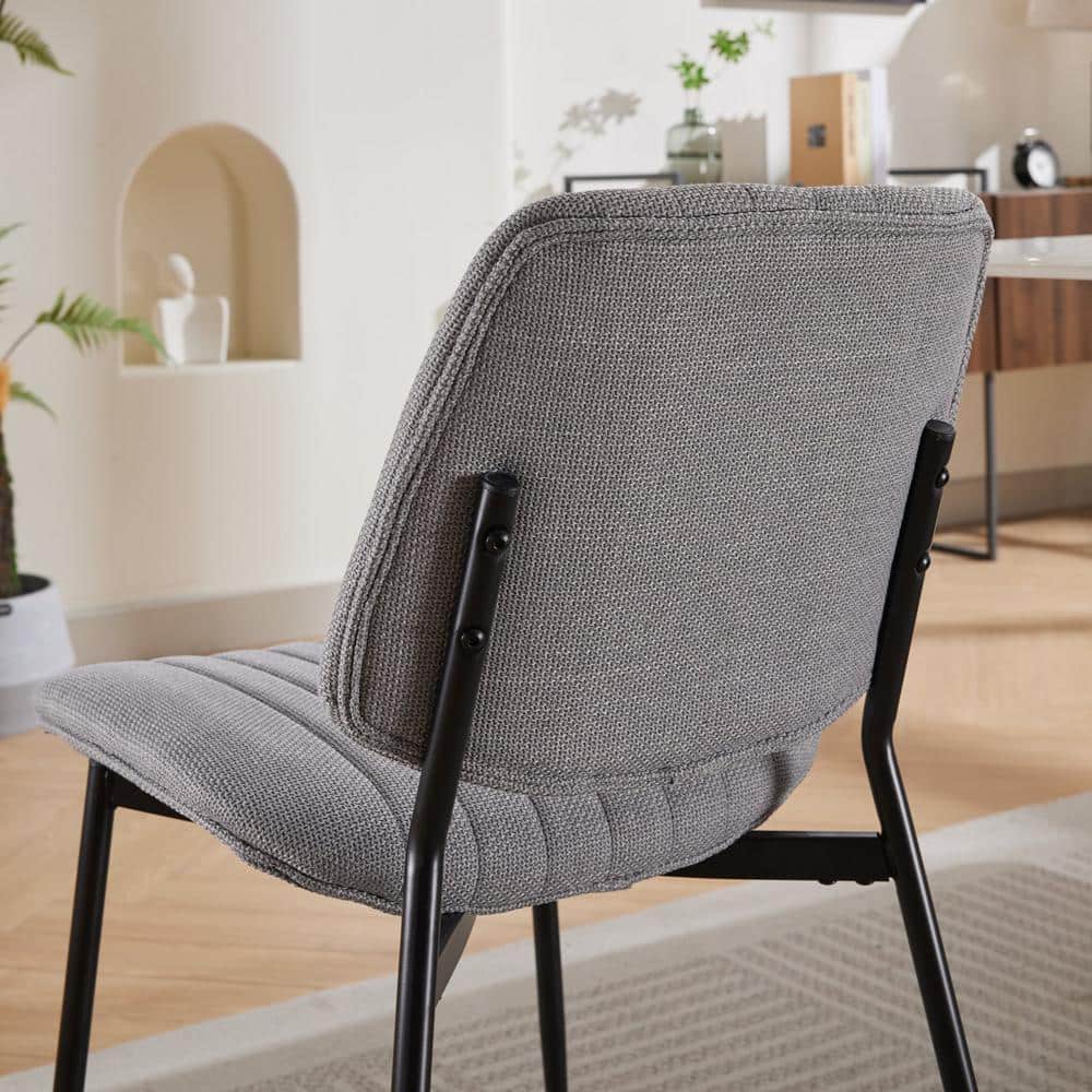 Gray Linen Upholstered Low Back Arm Chair with Metal Legs