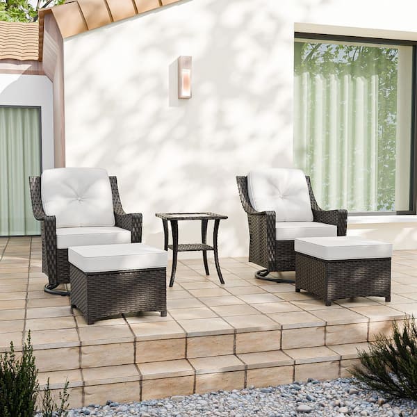COOS BAY Brown 5-Piece Wicker Patio Conversation Set with Swivel Rocking Chairs, Outdoor Sofa Seating Set with Beige Cushions