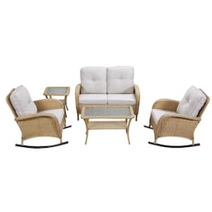 5-Piece Yellow Wicker Patio Conversation Set with Beige Cushions and Loveseat Side Table Flat Handrail Rocking Chairs
