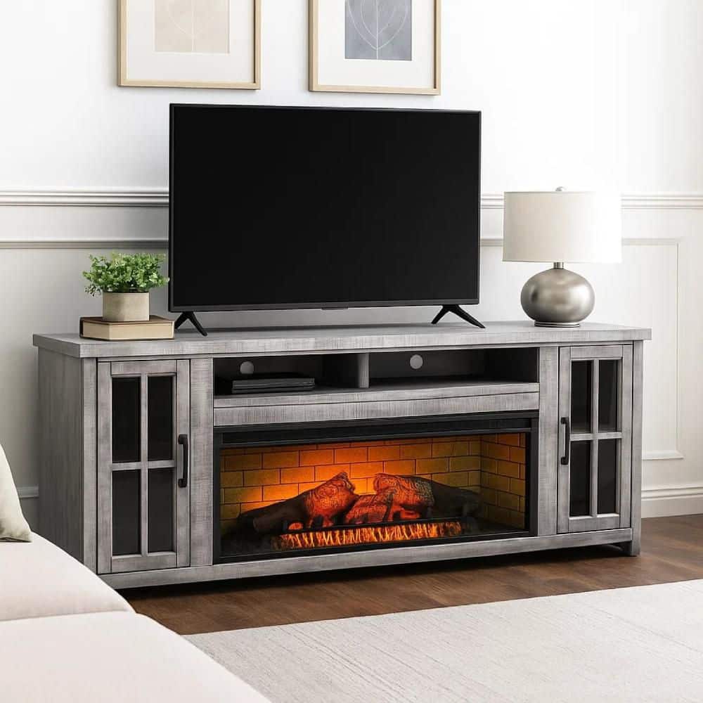 Benjara Gery Gray TV Stand Console Fits TVs up to 80 to 85 in