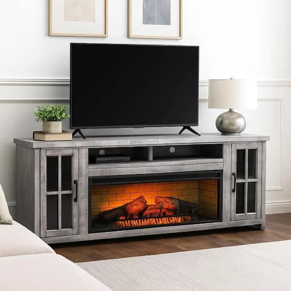 Gery Gray TV Stand Console Fits TVs up to 80 to 85 in. with Log Fireplace Insert Option and 2-Cabinets