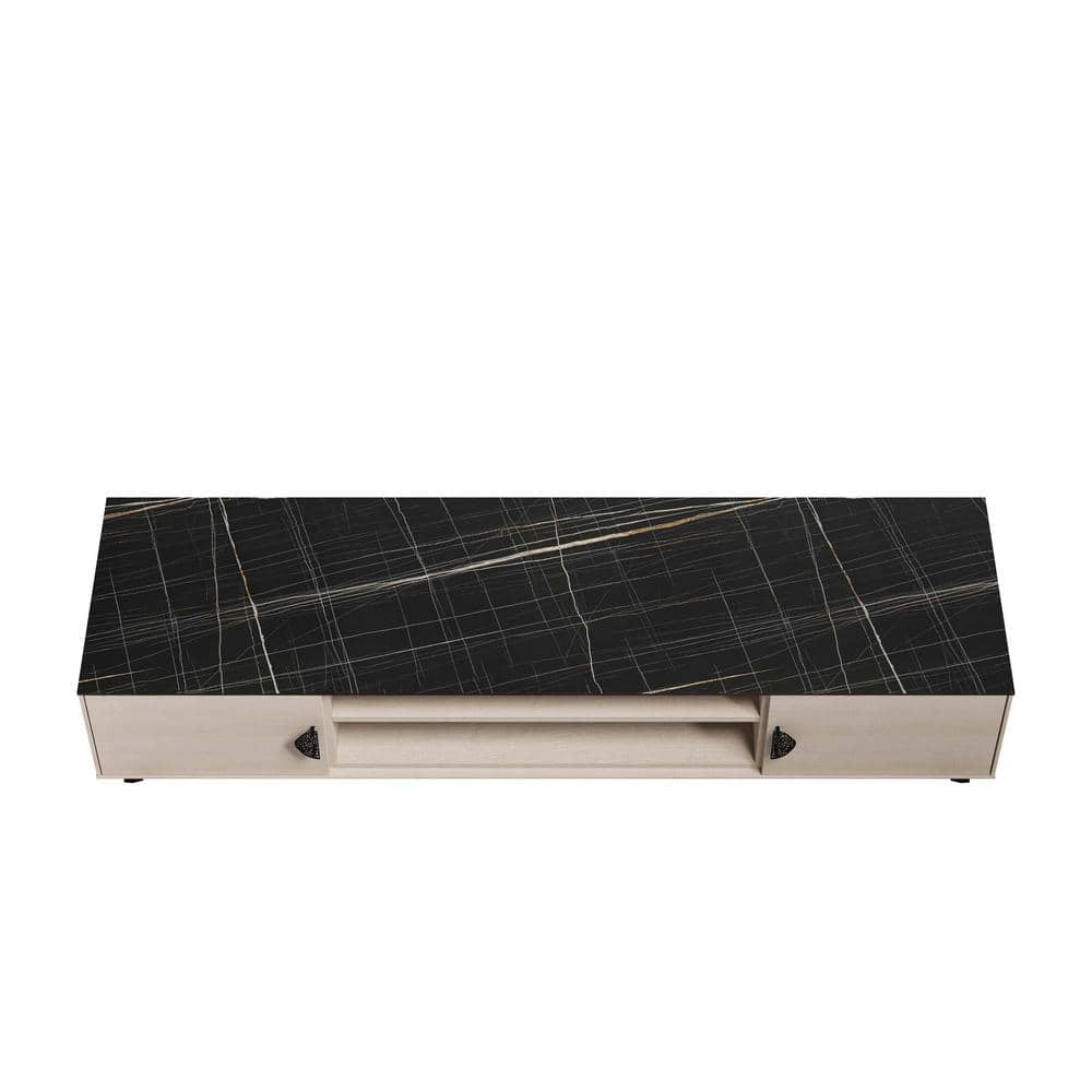 Haley 70.9" White and Black Marble TV Stand with Cabinet