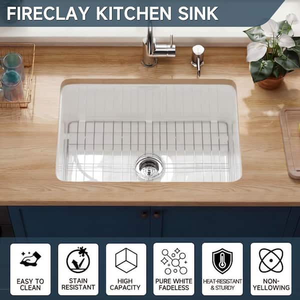27 in. Fireclay Kitchen Sink Drop-in/Undermount Dual Mount White Single Bowl Kitchen Sinks with Sink Grid and Strainer