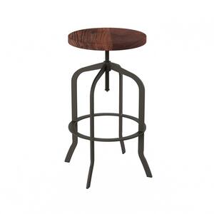 26.25 in. - 32.75 in. Dark Walnut Brown Adjustable Back-Less Iron Bar Stool Swivel Wood Seat with Footrest