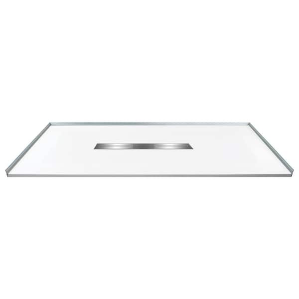 Transolid Zero Threshold 63 in. L x 35.5 in. W Customizable Threshold Alcove Shower Pan Base with Center Drain in White