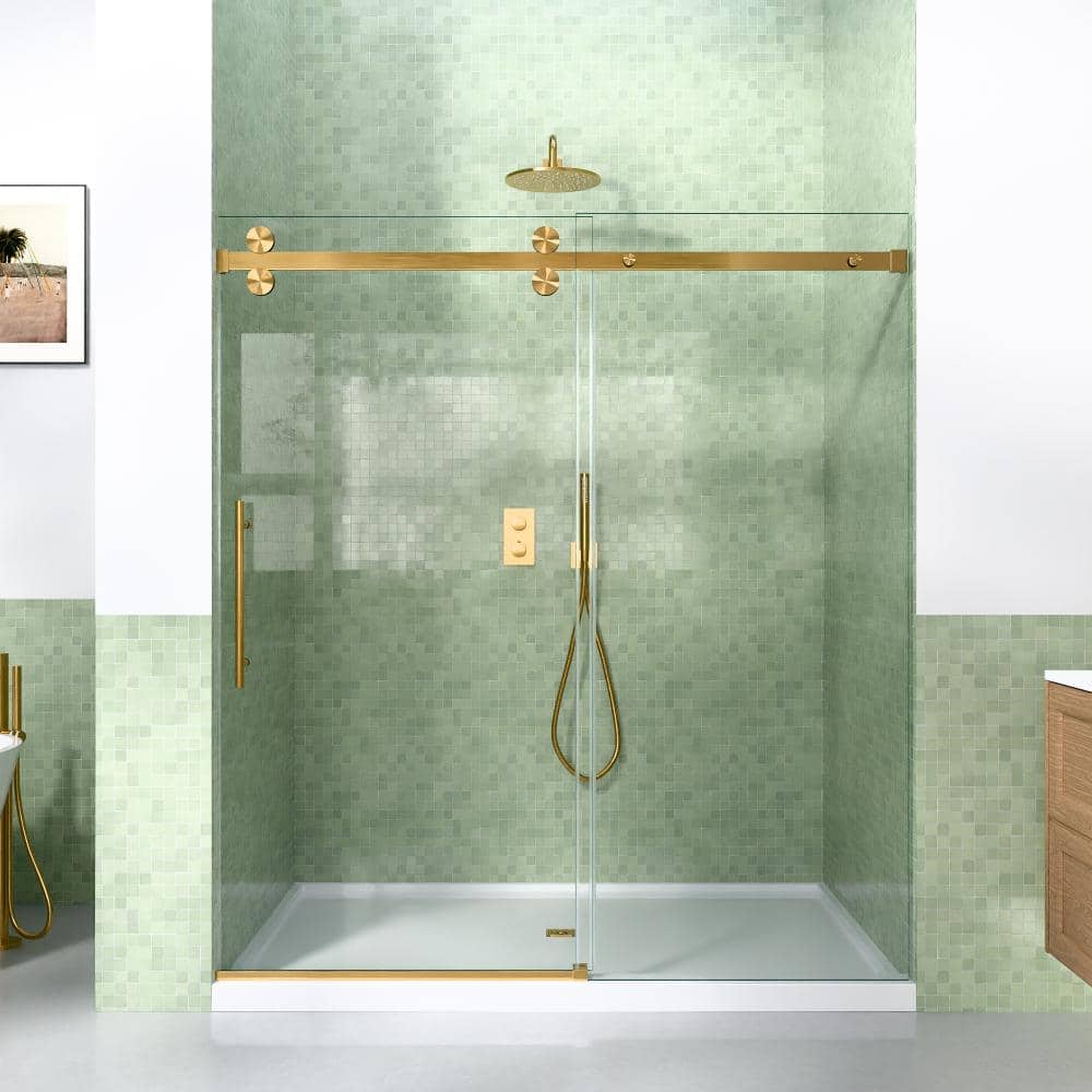 "60 in. W x 72 in. H Sliding Frameless Shower Door in Brushed Gold with 5/16"""" (8mm) SGCC Clear Tempered Glass" price history on PriceWatchPro
