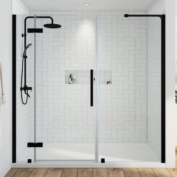OVE Decors Tampa 72 in. L x 36 in. W x 75 in. H Alcove Shower Kit with Pivot Frameless Shower Door in Black and Shower Pan