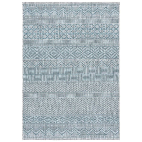 SAFAVIEH Courtyard Light Gray/Aqua 4 ft. x 6 ft. Striped Tribal Chevron Indoor/Outdoor Area Rug