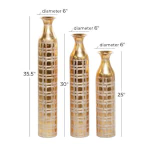 35 in., 30 in., 25 in. Gold Tall Distressed Metallic Metal Decorative Vase with Etched Grid Patterns (Set of 3)