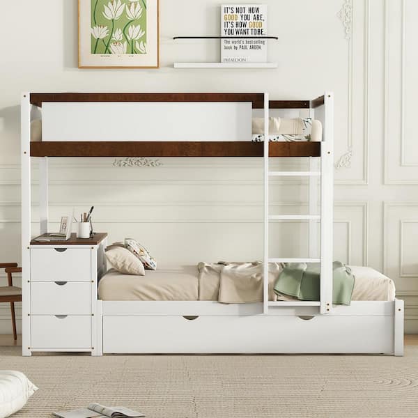 Harper & Bright Designs White and Walnut Twin over Twin Wood Bunk