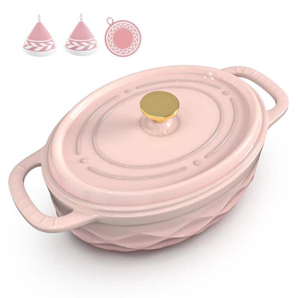 7.5 qt. Oval Enameled Cast Iron Dutch Oven in Pink with Oven Mitts and Pot Holder for Baking, Braising, and Stewing