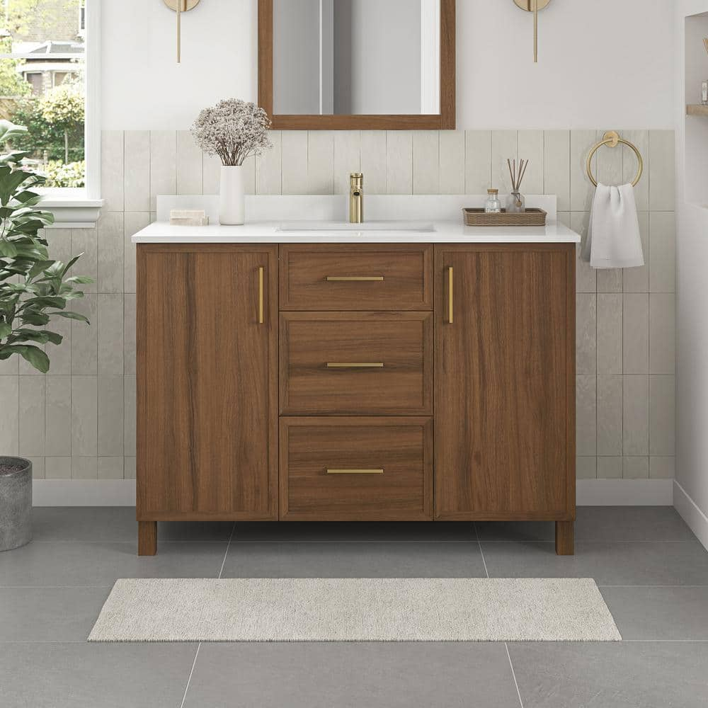 Home Decorators Collection Bilston 48 in. W x 19 in. D x 34.5 in. H Single Sink Bath Vanity in Spiced Walnut with White Engineered Stone Top