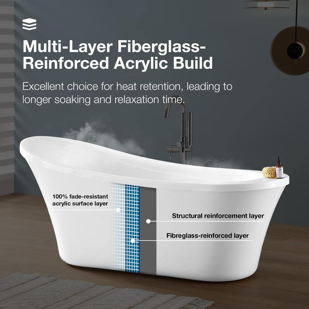 Ruby 65'' White Acrylic Freestanding Slipper Bathtub