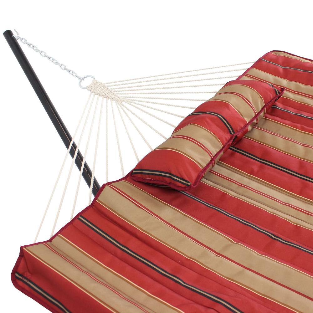 12 ft Red and Brown Striped Rope Hammock with Steel Stand
