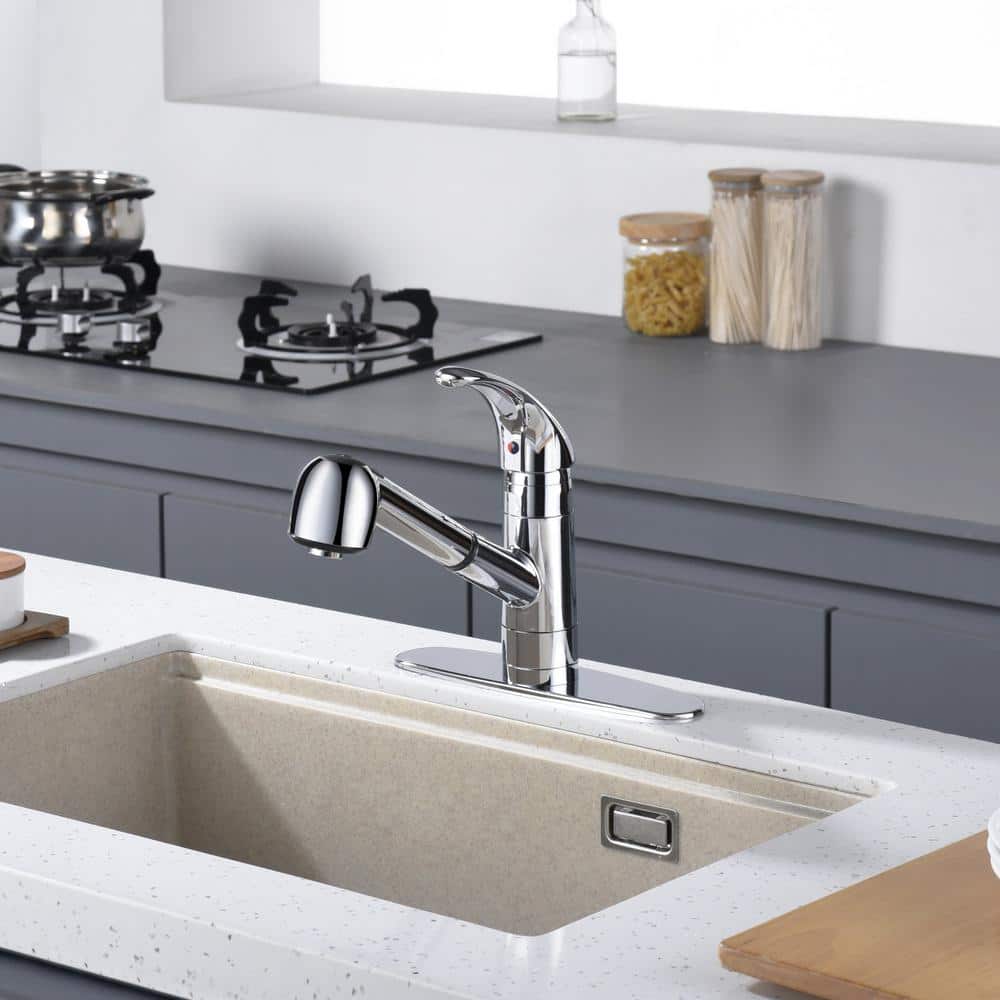 Chrome Single Handle Pull-Out Kitchen Faucet with Spray