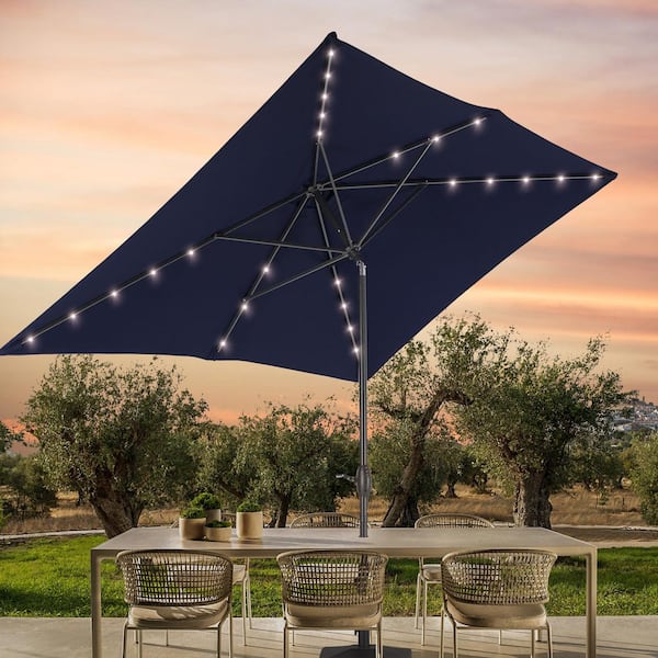 6 ft. x 9 ft. Aluminum Pole Outdoor Market Umbrella Solar LED Lighted Rectangular Patio Umbrella, Navy Blue