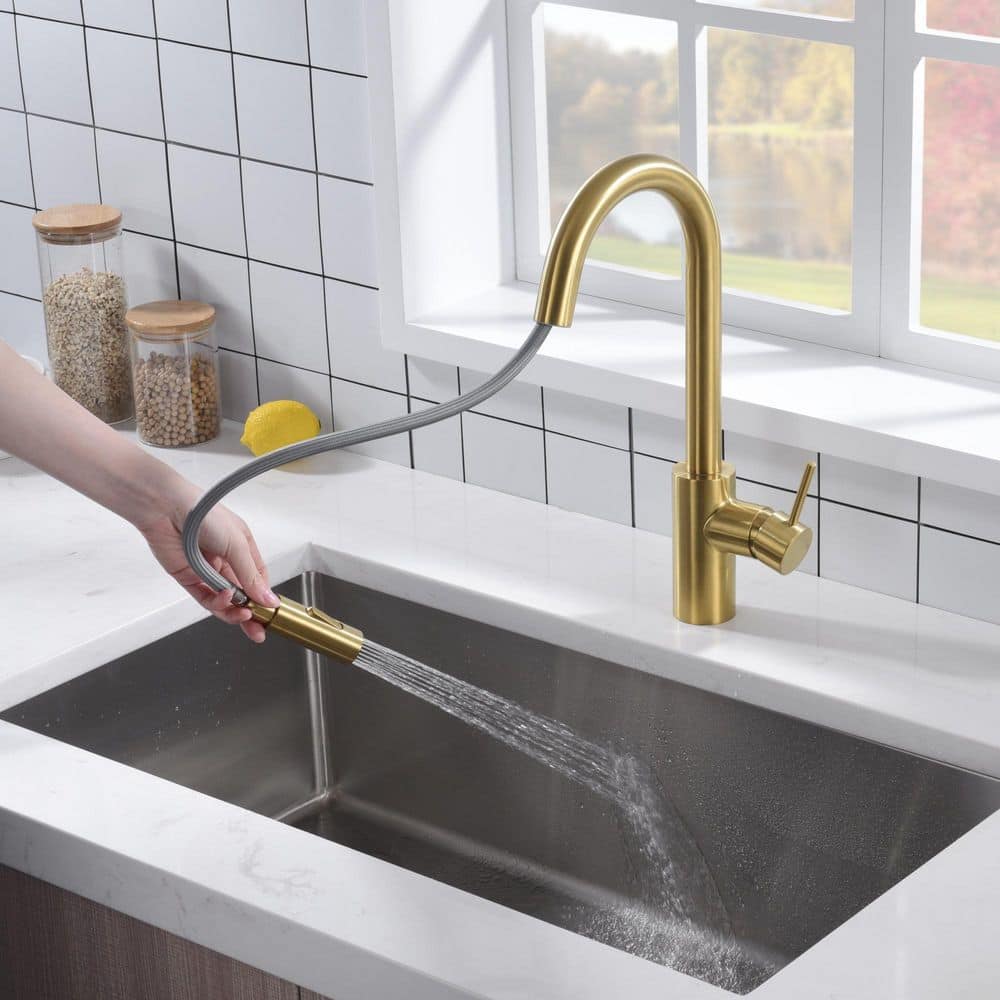 Brushed Gold Single Handle Pull Down Kitchen Faucet