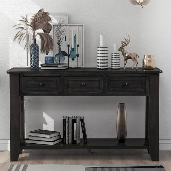 Urtr 55 In Black Rectangle Wood Console Table With Drawers And Shelf Sofa Entryway For Living Room Hallway T 00898 B Sofa Table Entryway, Black Entryway Console Table