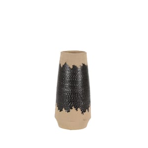 14 in. Black Porcelain Ceramic Decorative Vase with Terracotta Details