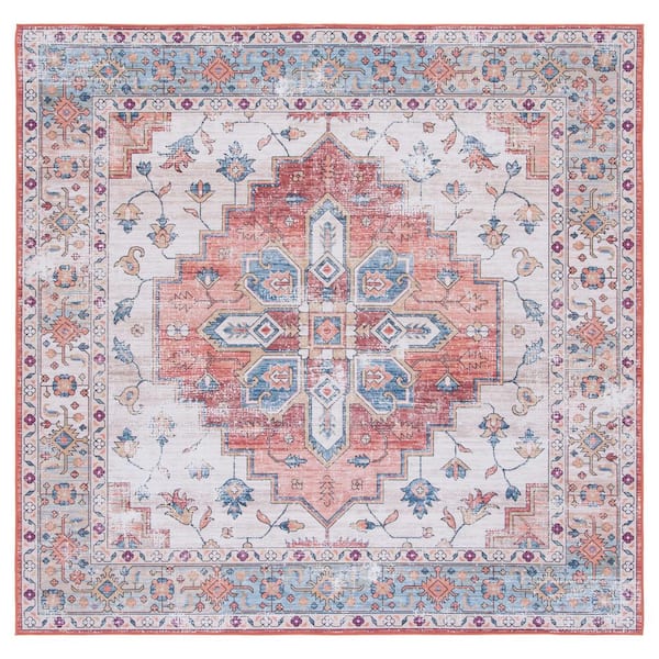 SAFAVIEH Tuscon Beige/Blue 5 ft. x 5 ft. Machine Washable Distressed Medallion Square Area Rug