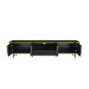 Modern Gold/Black TV Stand Fits TV's Up to 85 in. with Open Storage Shelf, Cabinets and Drawers, Unique Legs