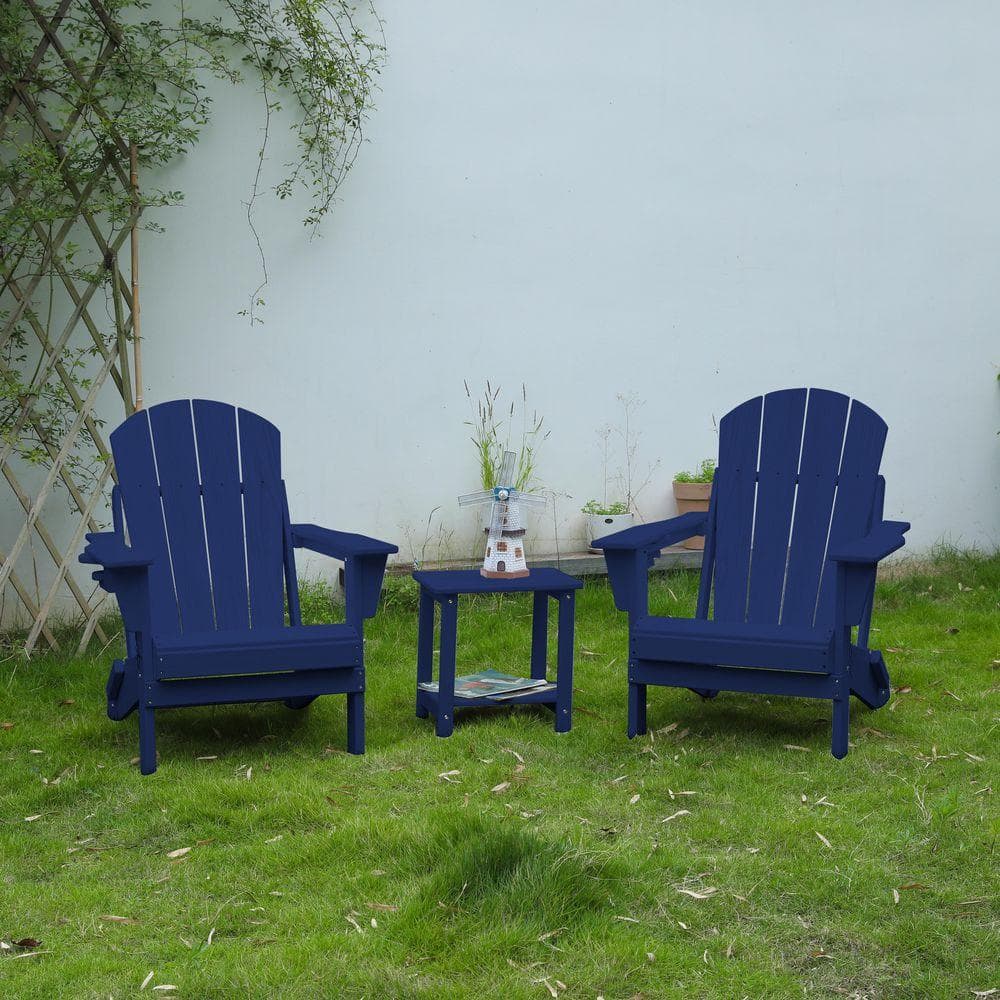 3-Piece Folding Navy Blue Adirondack Chair Set with Side Table