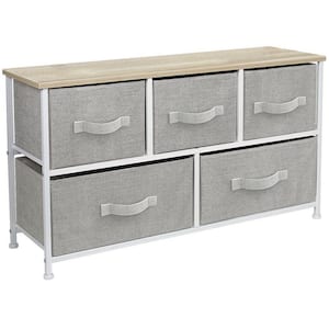 5-Drawer Marble Black Dresser White Frame Wood Top Easy Pull Fabric Bins 11.87 in. L x 39.5 in. W x 24.62 in. H