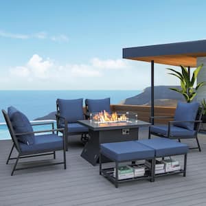 7 Piece Luxury Black Aluminum Patio Fire Pit Deep Seating Coversation Sofa Set with Blue Cushions