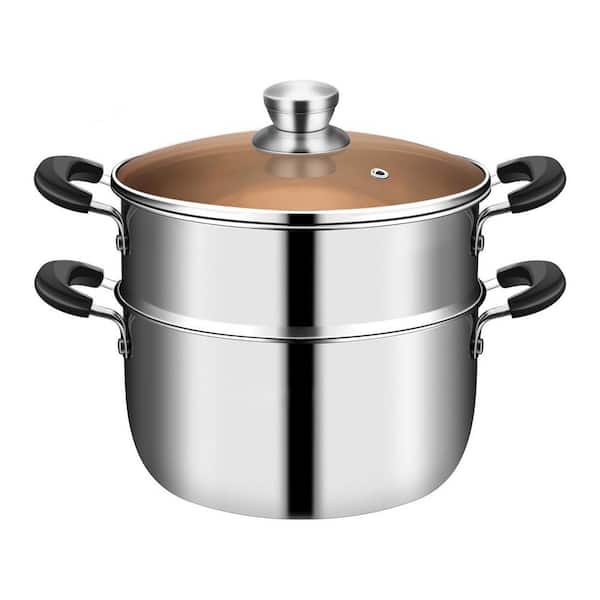 2-Piece Stainless Steel Cooking Pot Set Silver with Steamer Basket Thick Material Steam Pot for Vegetables