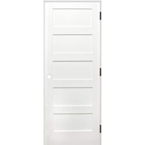 32 in. x 80 in. Shaker Unfinished 5-Panel Solid Core Primed Pine Wood Reversible Single Prehung Interior Door