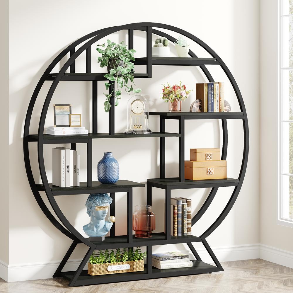 Industrial Black Round Wood Bookshelf with Staggered Shelves