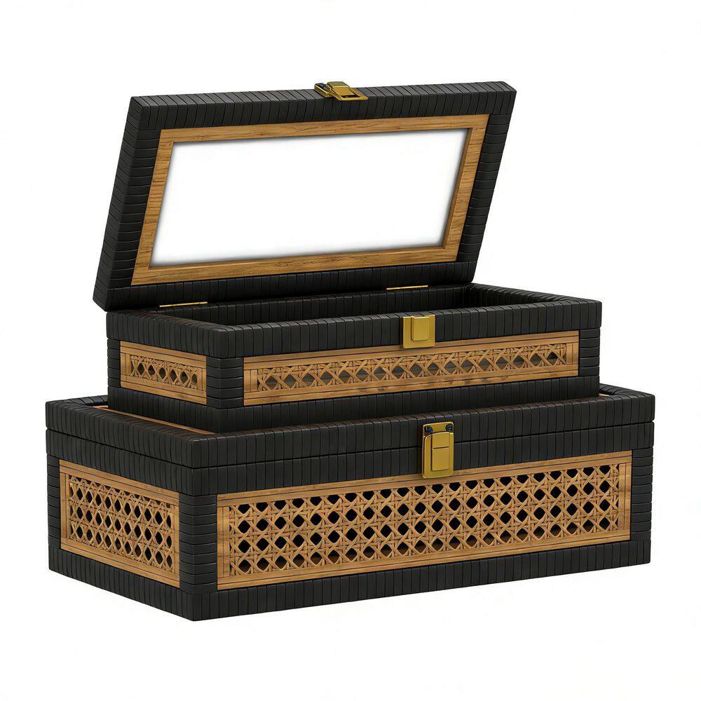 Khaki Stitching Black Boho Rattan Decorative Storage Boxes with Lids ...