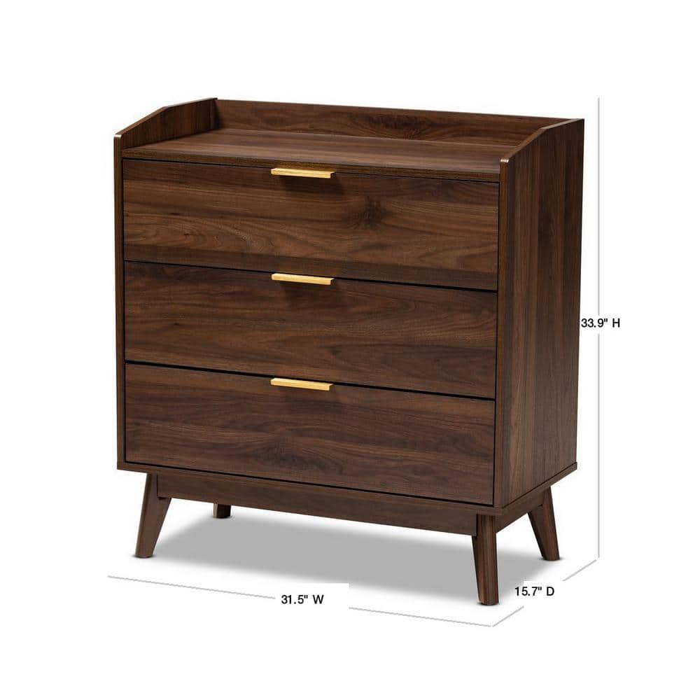 Lena Mid-Century Walnut 3-Drawer Chest with Gold-Tone Handles