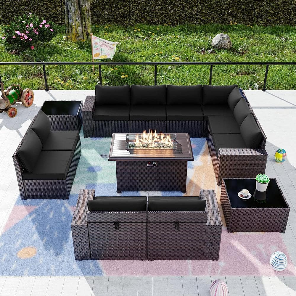 13-Piece Wicker Patio Conversation Set with 55000 BTU Gas Fire Pit Table and Glass Coffee Table and Black Cushions price history on PriceWatchPro