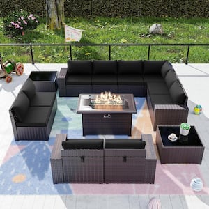 13-Piece Wicker Patio Conversation Set with 55000 BTU Gas Fire Pit Table and Glass Coffee Table and Black Cushions