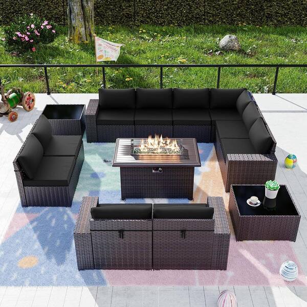 Halmuz 13-piece Wicker Patio Conversation Set With 55000 Btu Gas Fire 