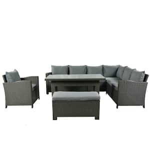 6-Piece Dark Gray Wicker Outdoor Conversation Set Patio Sofa with Dark Gray Cushions and Dining Table
