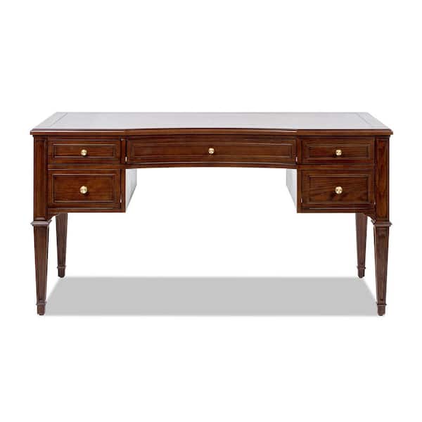 Jennifer Taylor JTH LUXE Dauphin 59 in. Gold Accent 5-Drawer Wood Executive Desk in Walnut Brown