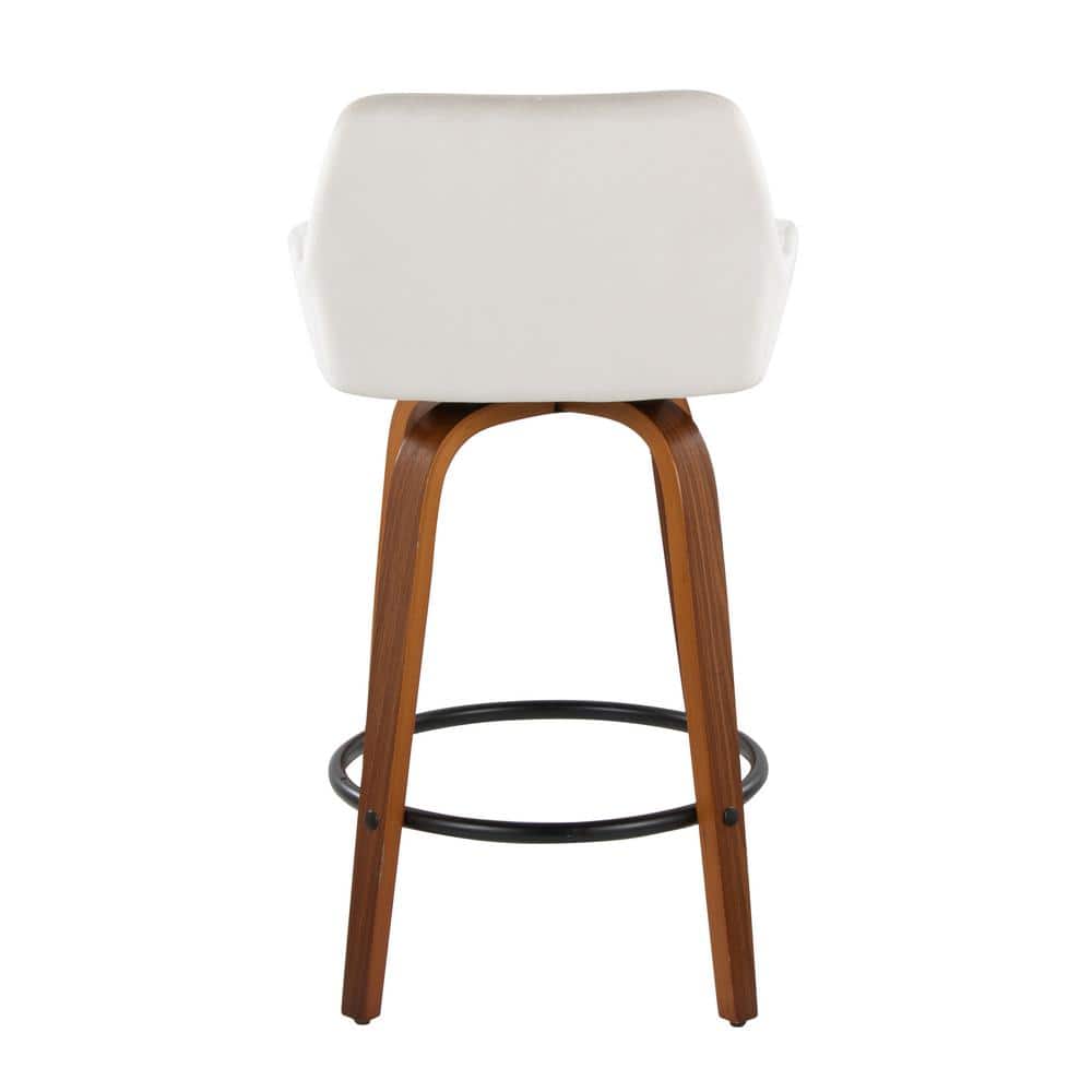 White Upholstered Swivel Counter Stool with Walnut Wood Legs