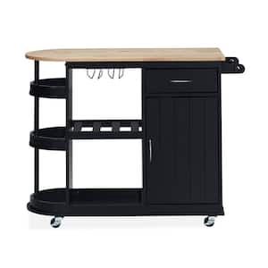Black Rubberwood Kitchen Cart with Cabinets and Rolling Casters