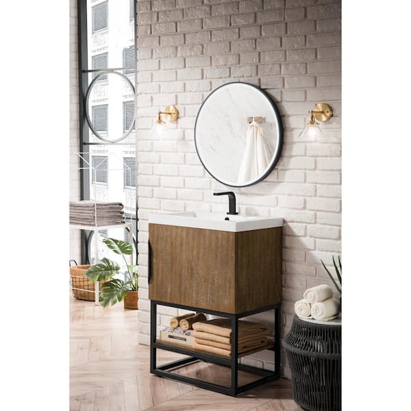 James Martin Vanities Columbia 23.6 in. W x 18.1 in. D x 35.4 in. H Single Bath Vanity in Latte Oak with White Glossy Composite Stone Top