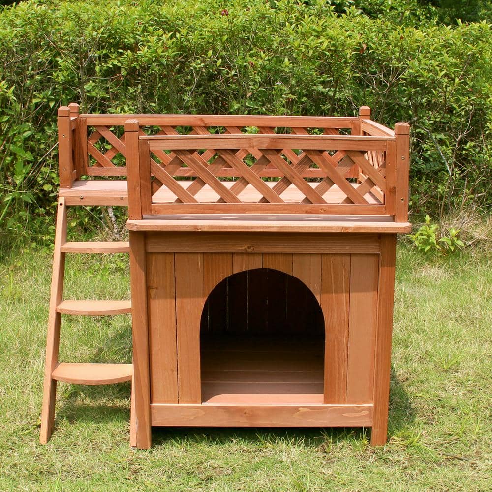 Small Cedar Stain Wooden Dog House with Rooftop Balcony