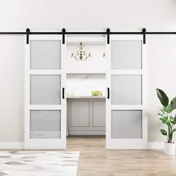 EH PUERTA 60 in. x 84 in. 3 Lite Tempered Frosted Glass White Finished Composite MDF Sliding Barn Door Slab with Hardware Kit