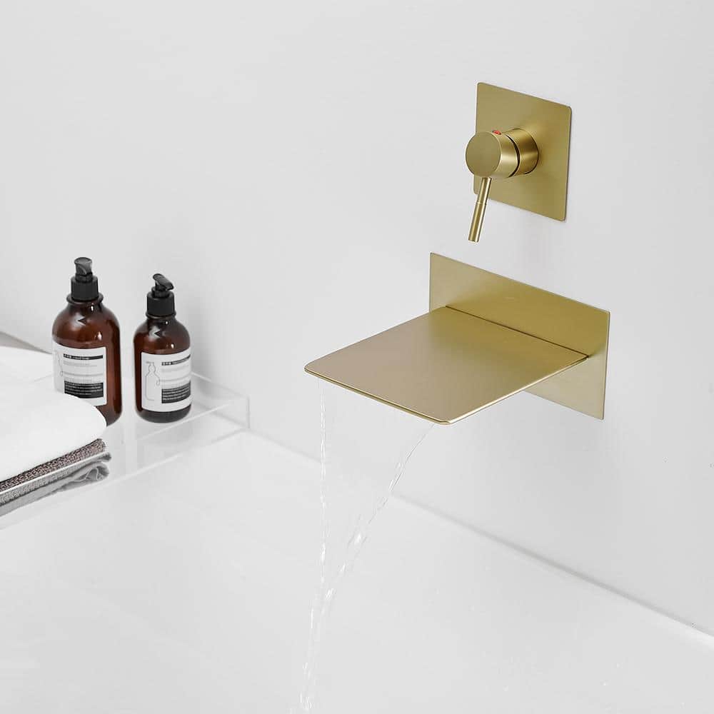 Brushed Gold Wall-Mount Waterfall Bathtub Faucet with Lever Handle