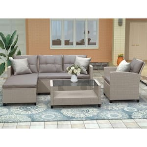 Patio Brown 4-Piece Wicker Patio Conversation Seating Set With Brown Cushions