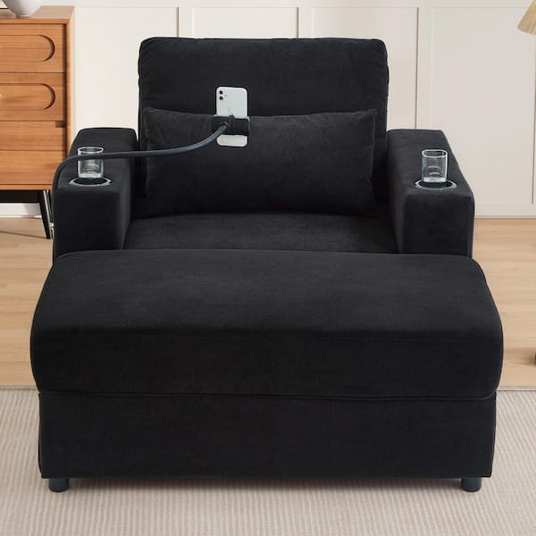42.5 in. Chenille Sectional Sofa Couch in. Black with 2 USB Ports, 2 Cup Holders, Phone Holder and Side Pockets
