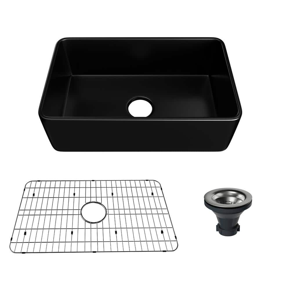 Fireclay 30 in. Single Bowl Farmhouse Apron Kitchen Sink with Grid and Strainers in Matte Black With cUPC Certified -  CASAINC, CA-SN3018-B