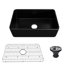 Fireclay 30 in. Single Bowl Farmhouse Apron Kitchen Sink with Grid and Strainers in Matte Black With cUPC Certified