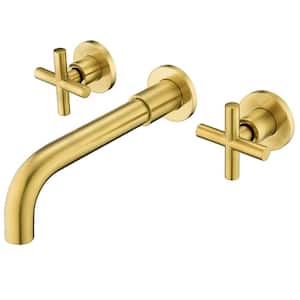 Double-Handle Wall Mounted Bathroom Faucet in Brushed Gold
